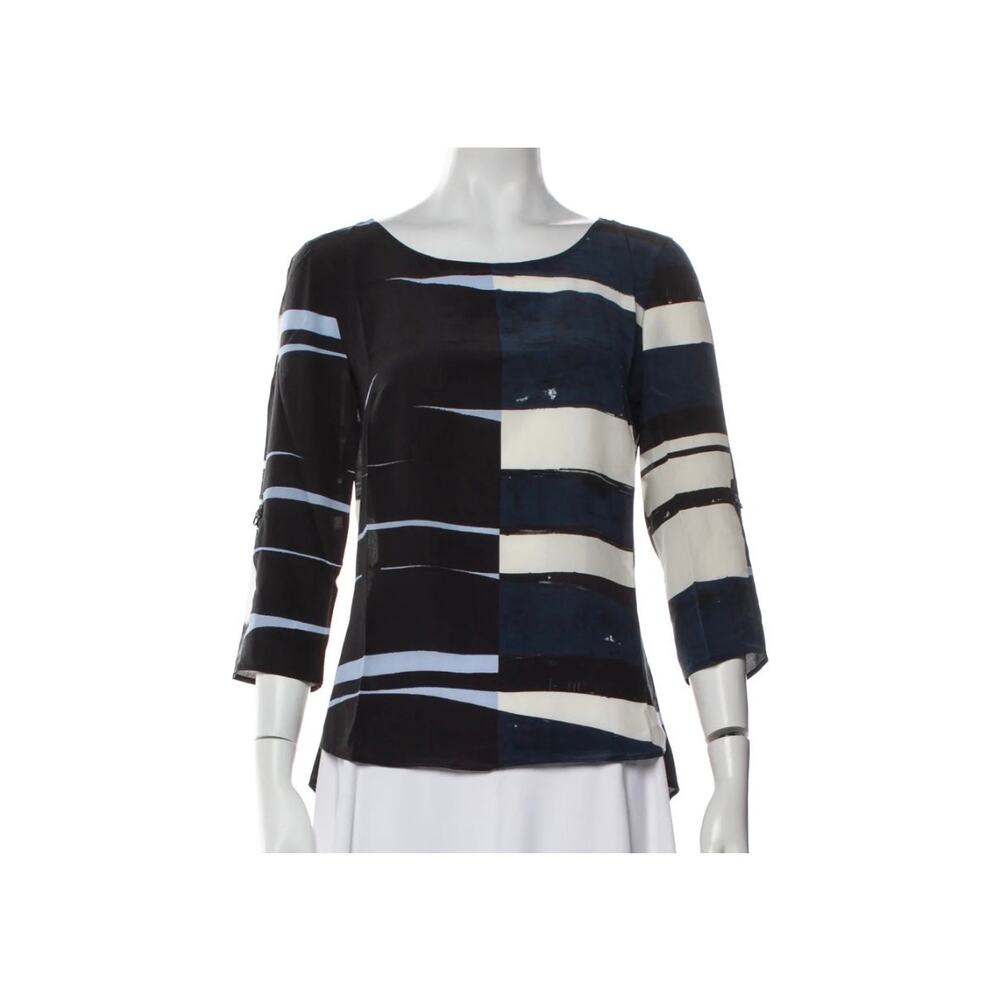Akris Punto Blue Black White Pattern Silk 3/4 Sleeve Top Sz 8